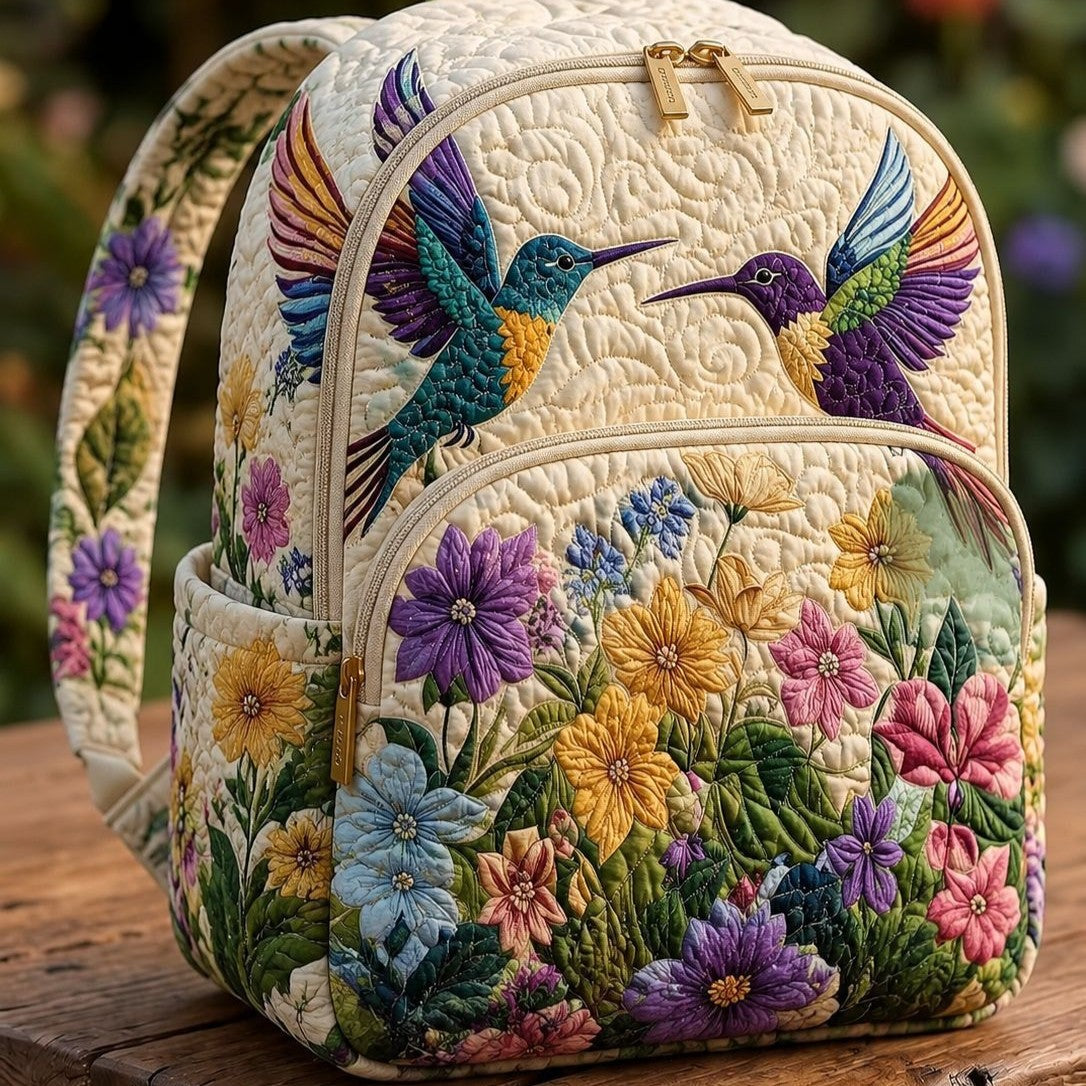 Quilted Backpack – Hummingbird in a Flower Field