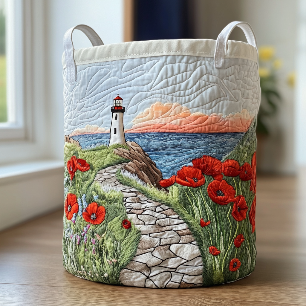 Quilted Laundry Basket with Lighthouse by the Sea