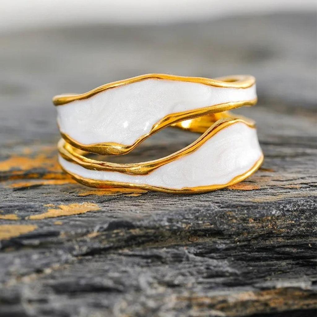 Open Ring with Spiral Pattern and Enamel in White Gold