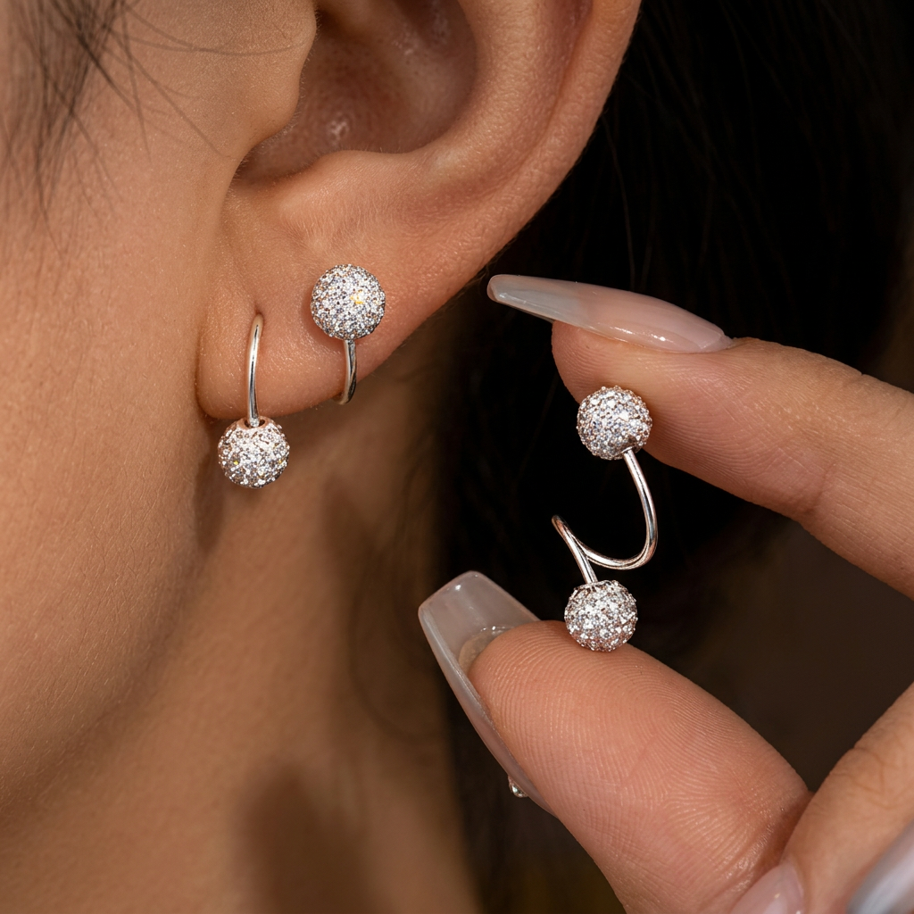 Stud Earrings Set with Spiral Balls and Zirconia