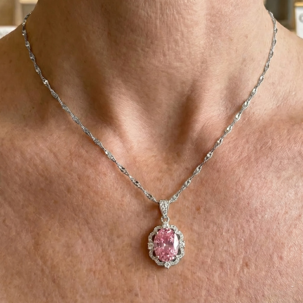 Oval Halo Necklace with Rose Crown | White Gold