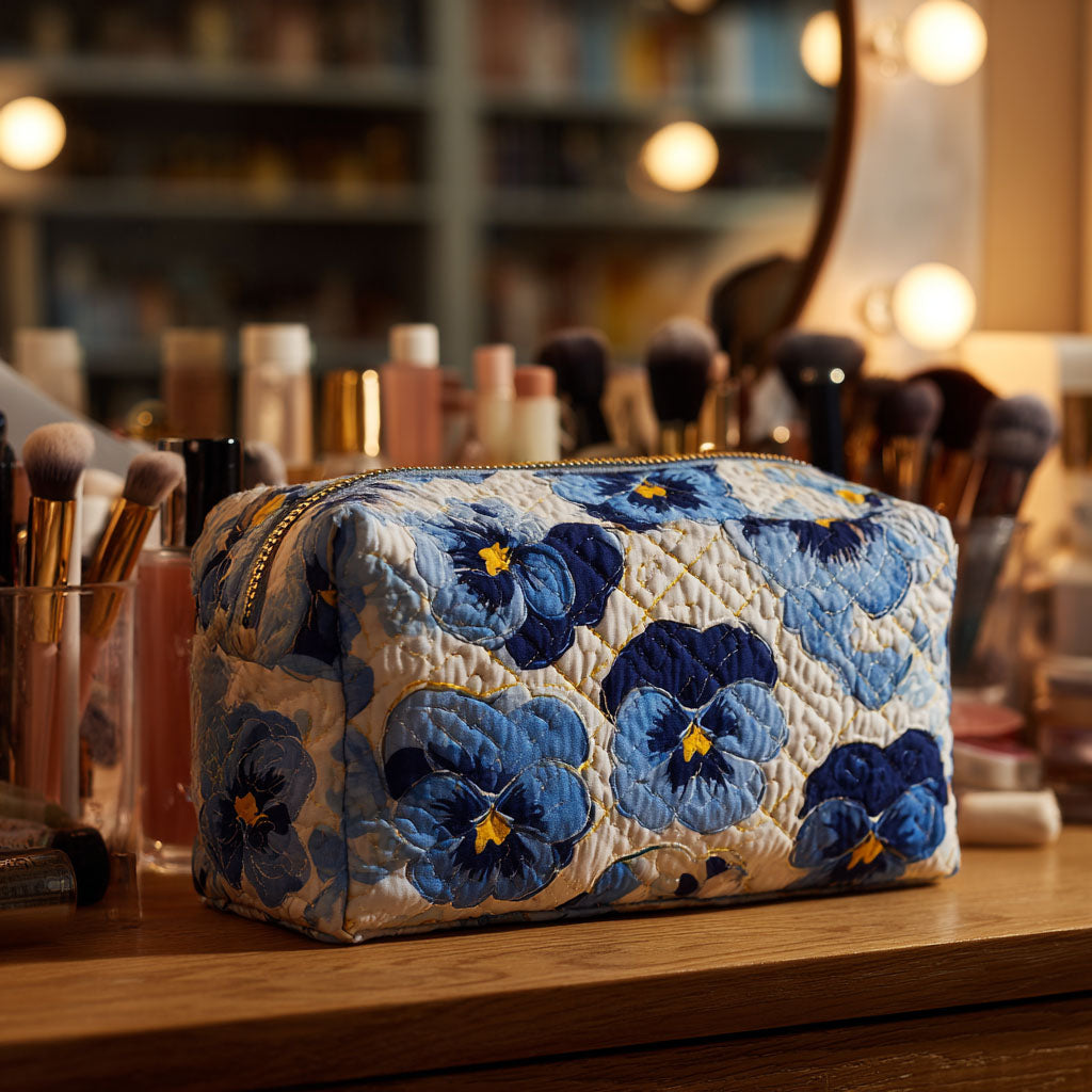 Quilted Makeup Bag with Pansies