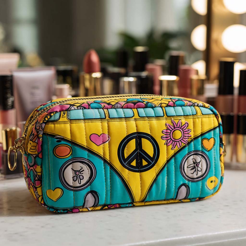 Quilted Makeup Bag with Glowing Peace Bus