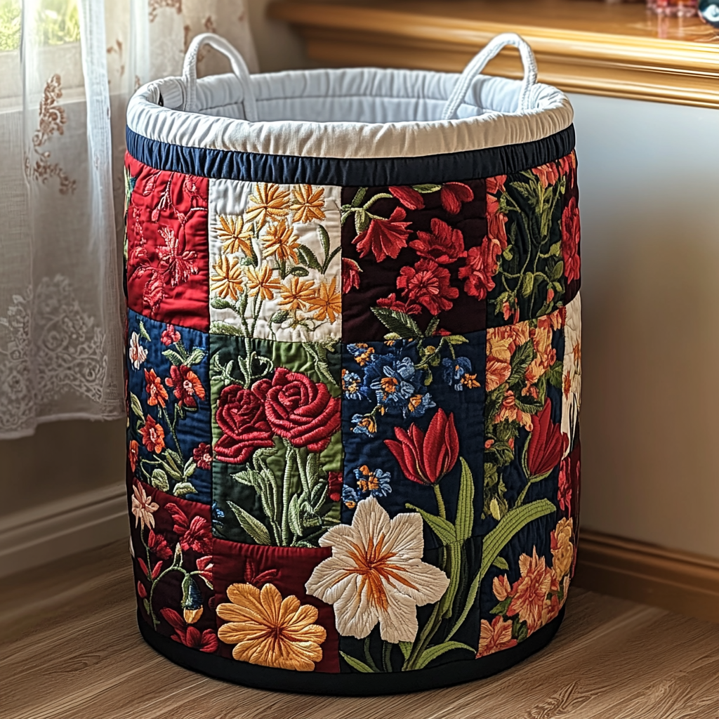Quilted Laundry Basket with Floral Pattern
