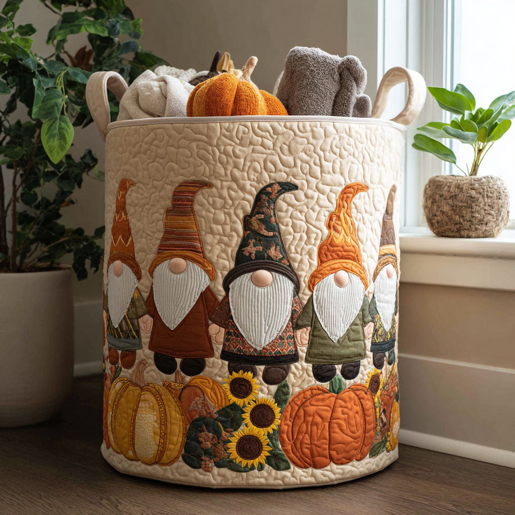 Quilted Laundry Basket with Decorative Gnomes