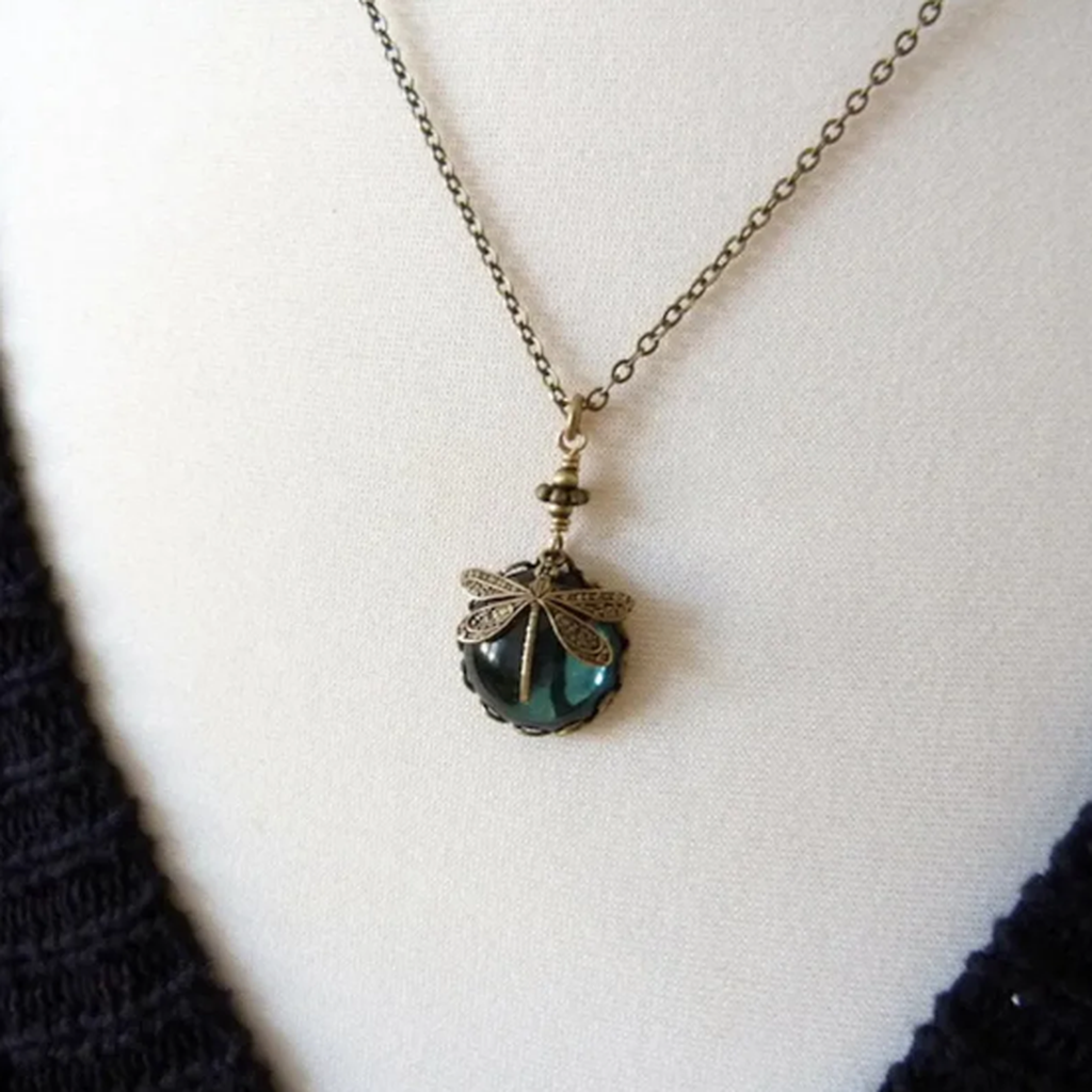 Retro Dragonfly Necklace with Green Crystal