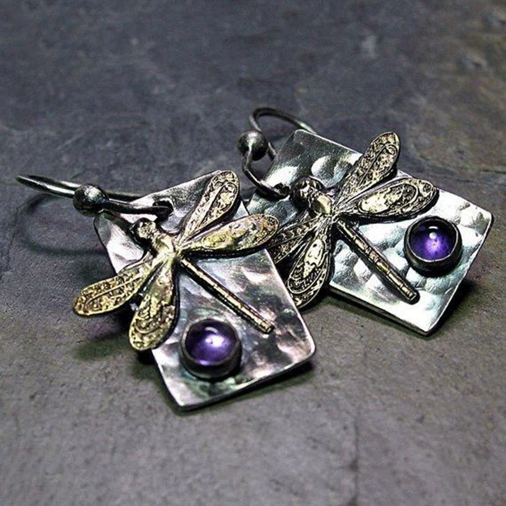Retro Dragonfly Earrings with Purple Crystals