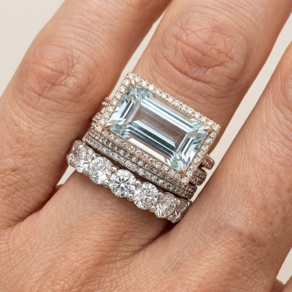 Retro Ring Set of White Gold with Turquoise Glass Stone