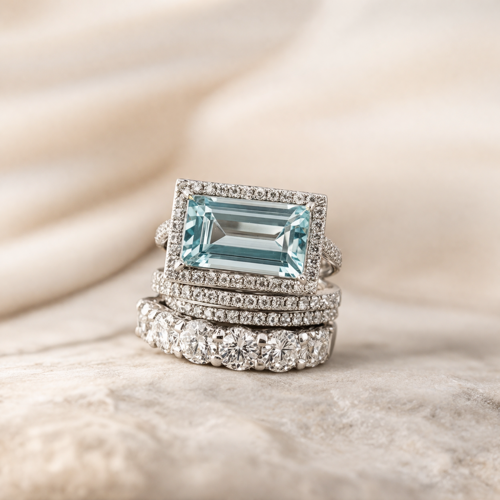 Retro Ring Set of White Gold with Turquoise Glass Stone