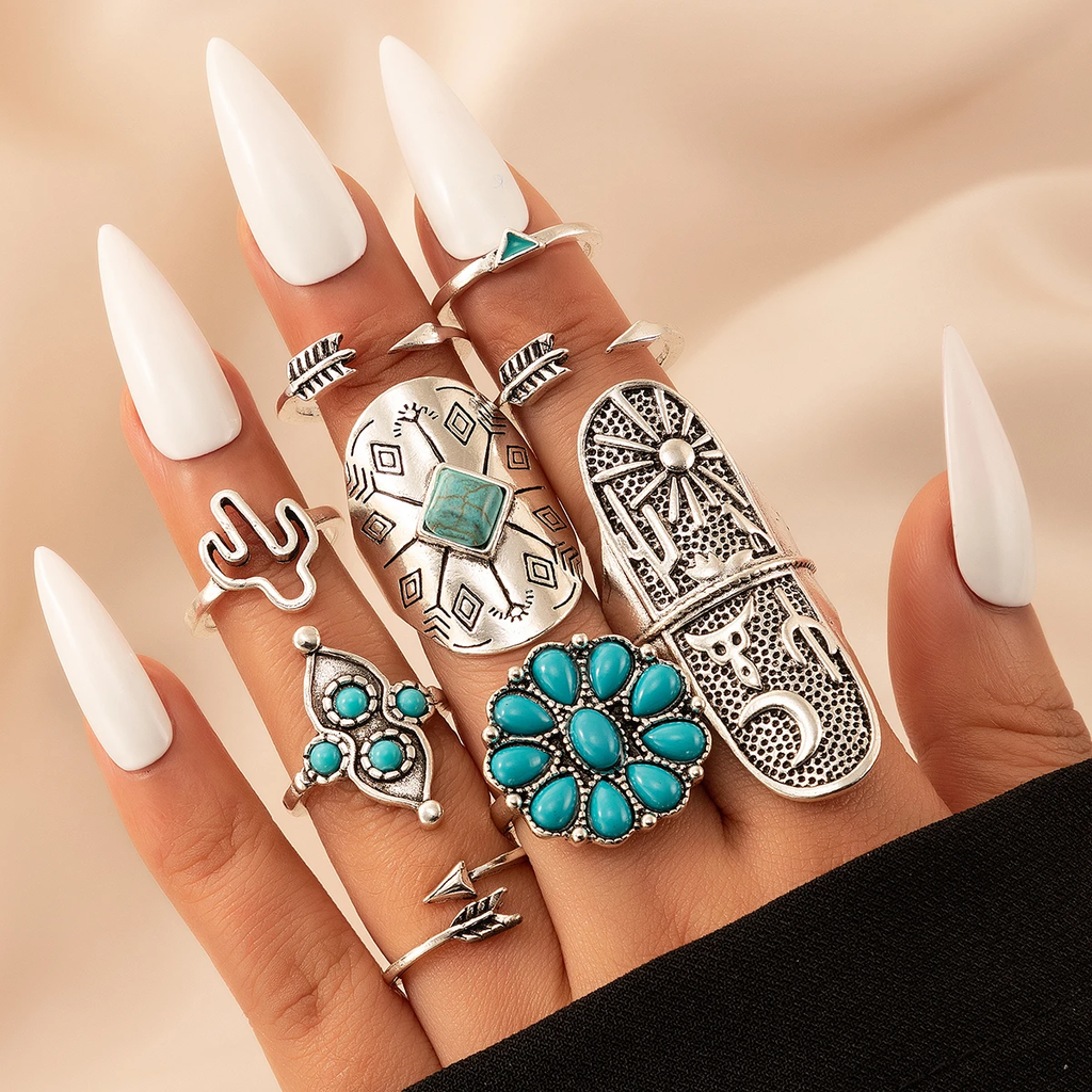 Retro Ring Set in White Gold with Turquoise