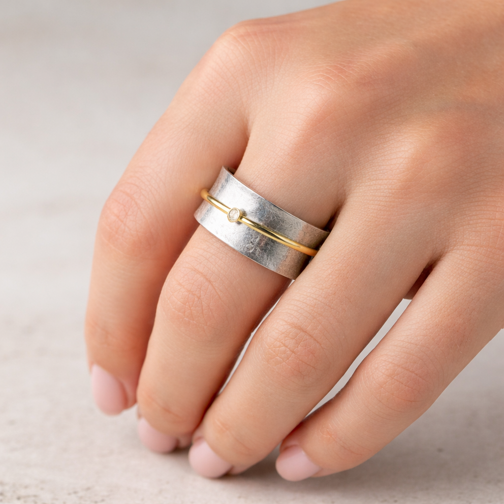 Retro Ring in White Gold with Zirconia and Gold Thread
