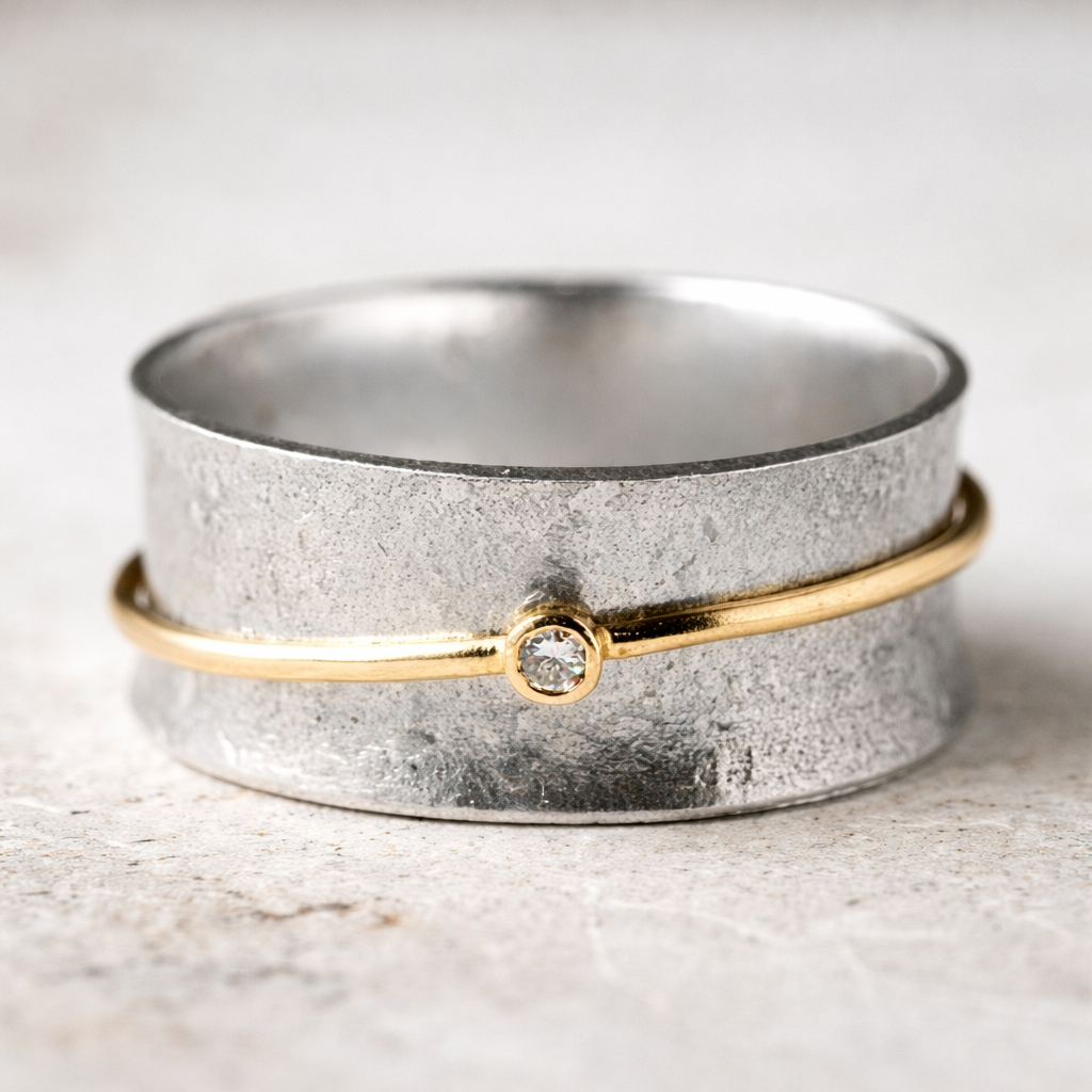 Retro Ring in White Gold with Zirconia and Gold Thread