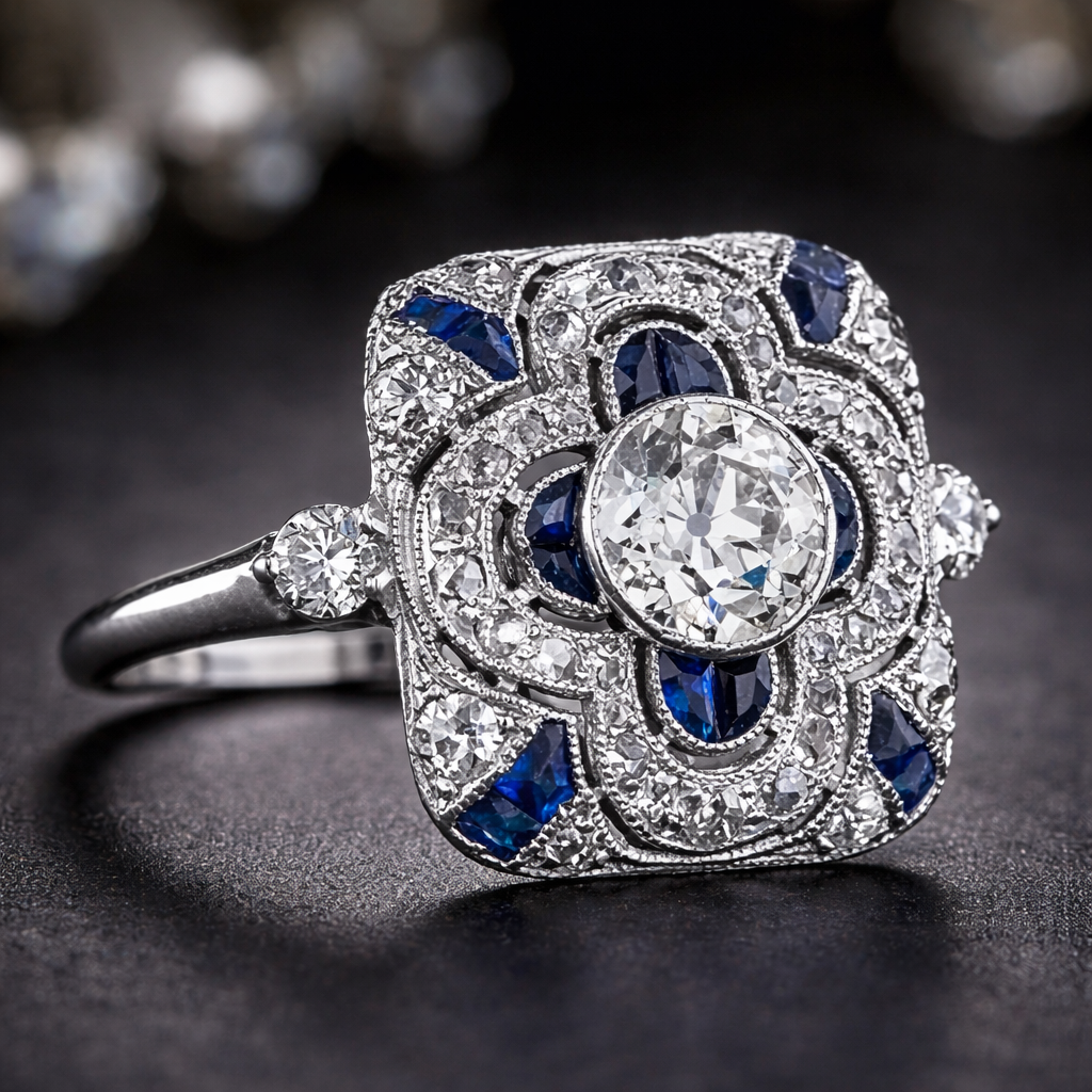 Retro Ring in White Gold with Blue Zirconia