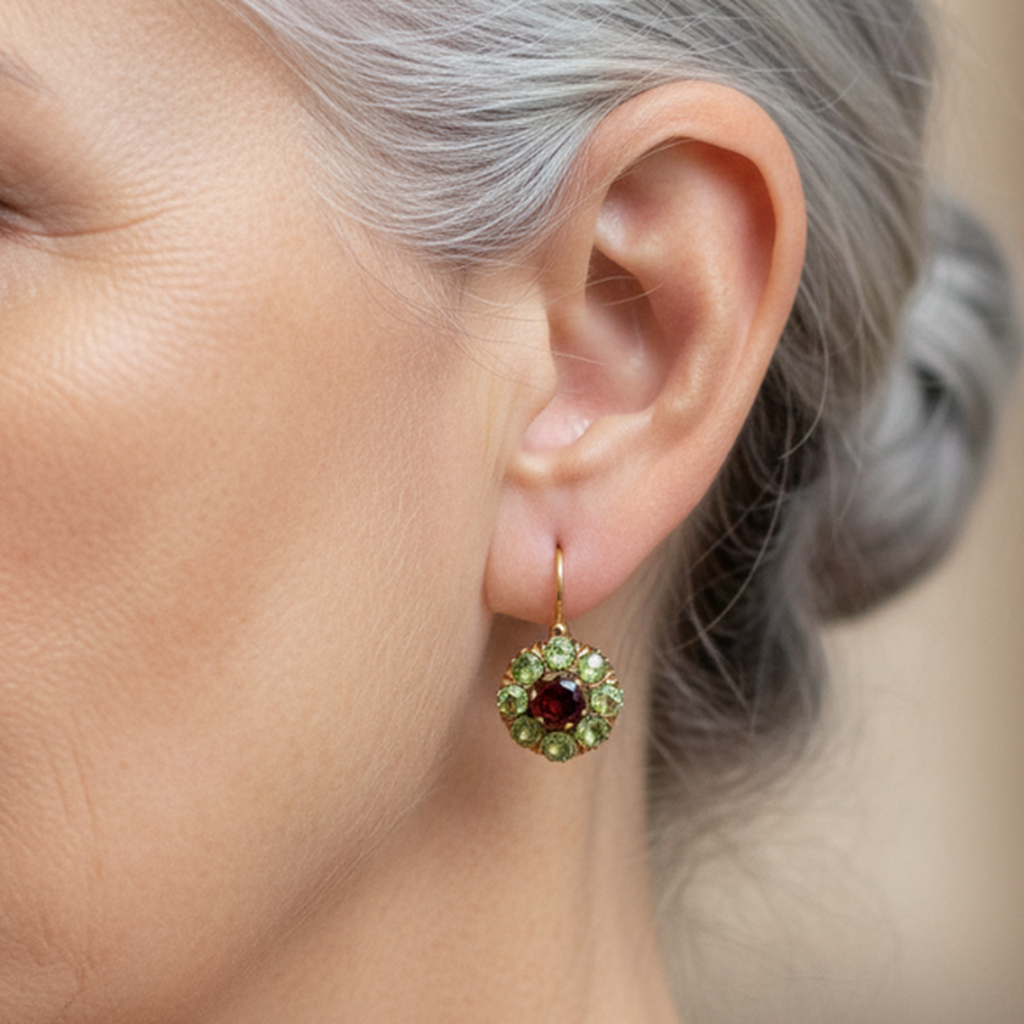 Round Retro Earrings with Green and Red Crystals