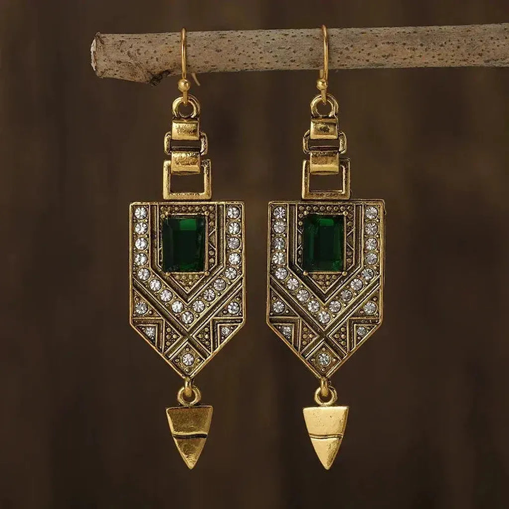 Geometric Retro Earrings in Gold and Green