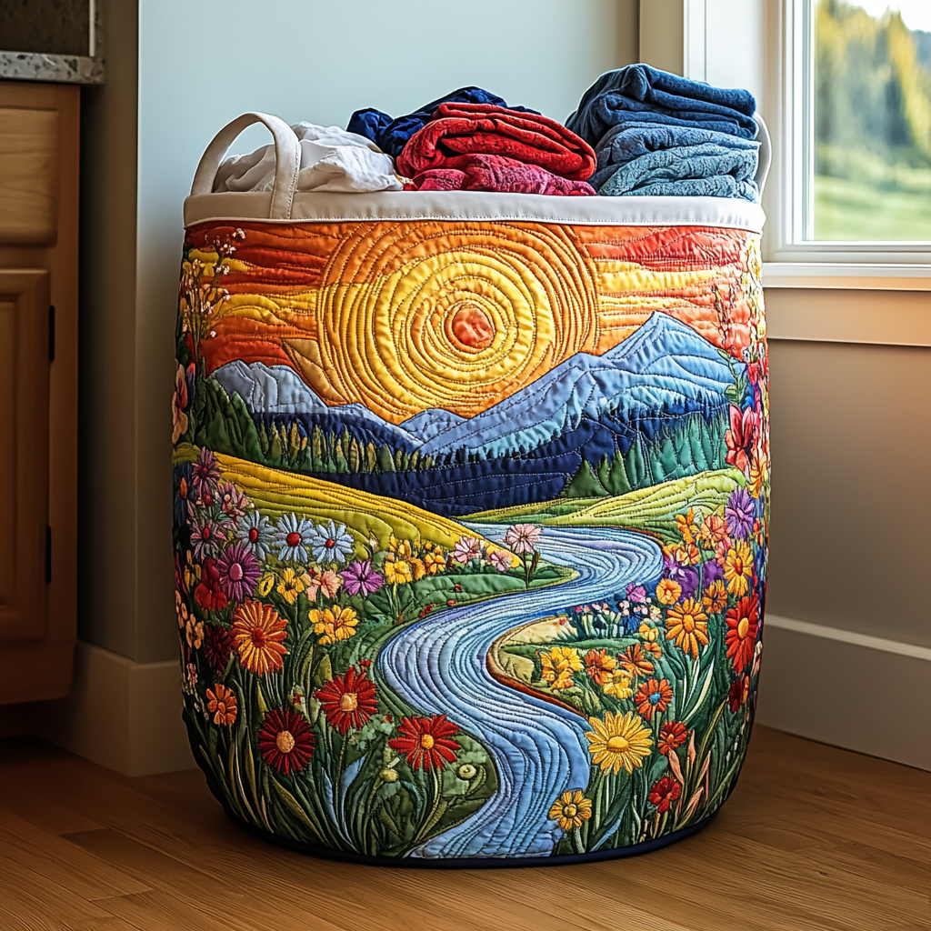 Quilted Laundry Basket with Nature Landscape