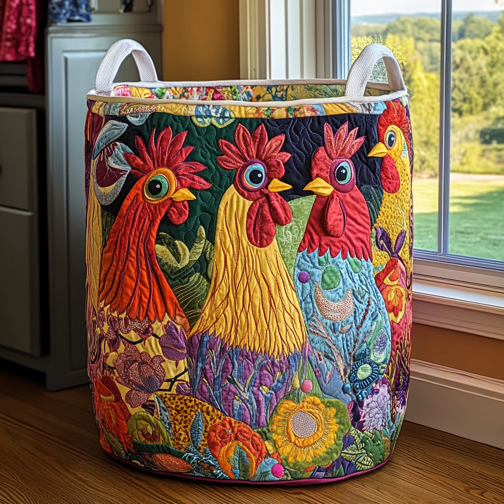 Quilted Laundry Basket with Country Chickens