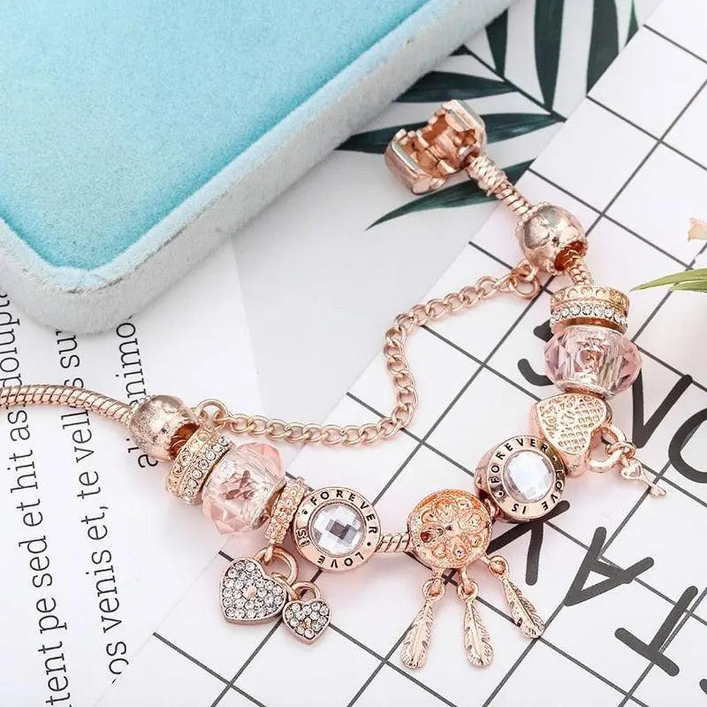 Pink Dreamcatcher Bracelet with White Gold Pendants