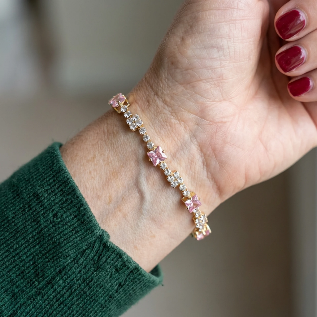 Tennis Bracelet with Rosé Squares | Gold