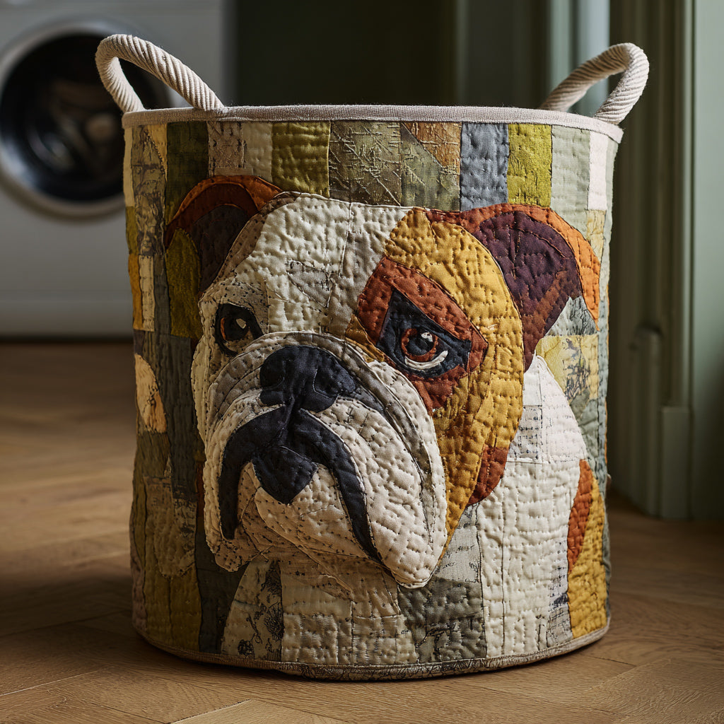 Quilted Laundry Basket with Bulldog in Rustic Style