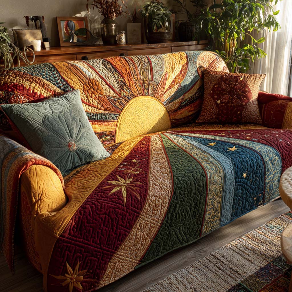 Quilted Sofa Cover – Rustic Patchwork Quilted Sofa Cover at Sunrise