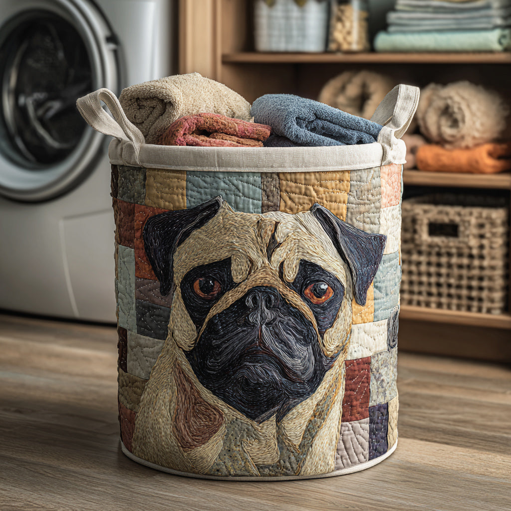 Quilted Laundry Basket with Pug in Rustic Style