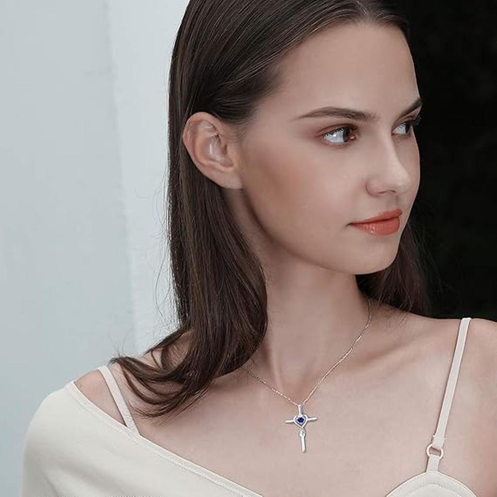 Cross Necklace with Sapphire Heart | White Gold