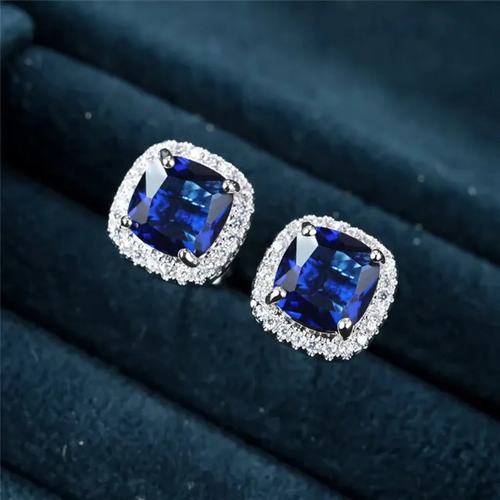 Square Sapphire Stud Earrings | White Gold