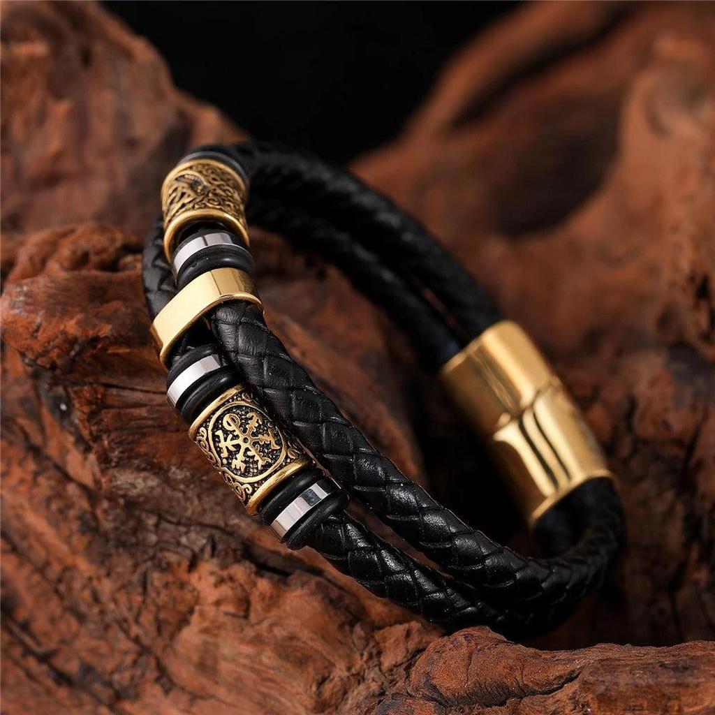Black Braided Leather Bracelet with Gold Pendant
