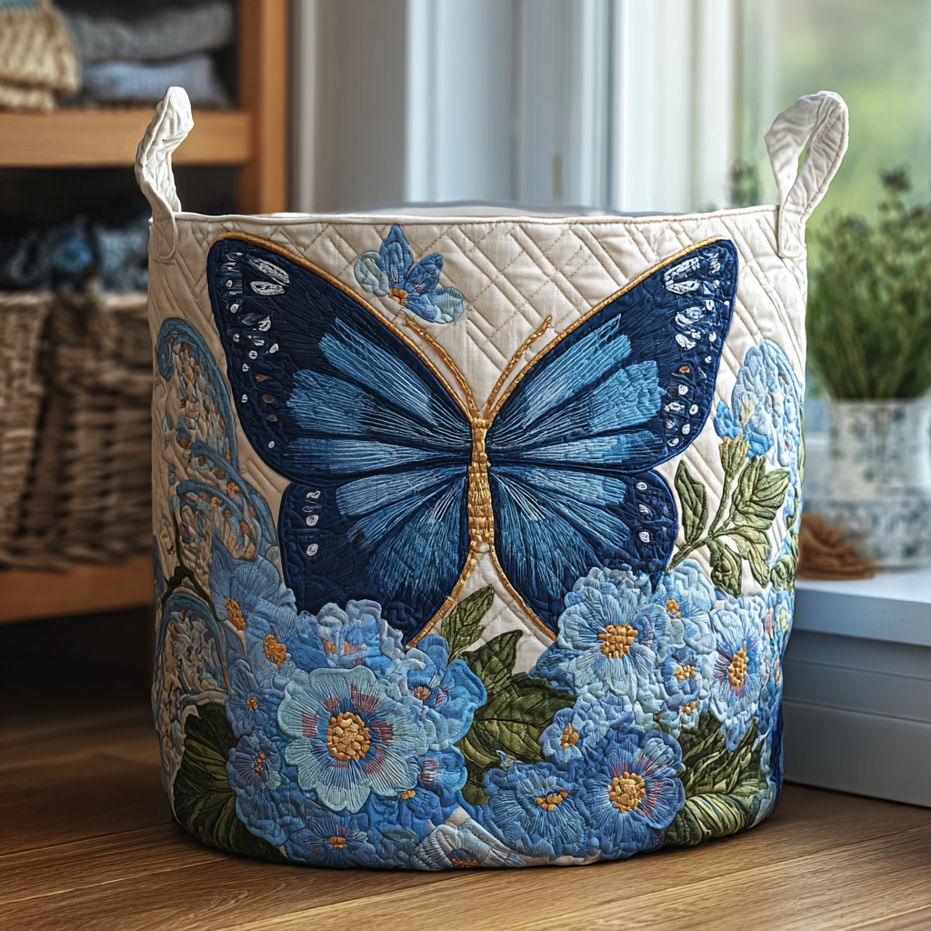 Quilted Laundry Basket with Butterflies and Flowers