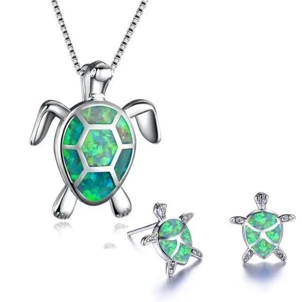 Set: Necklace and Earrings with Sea Turtle in Opal and White Gold