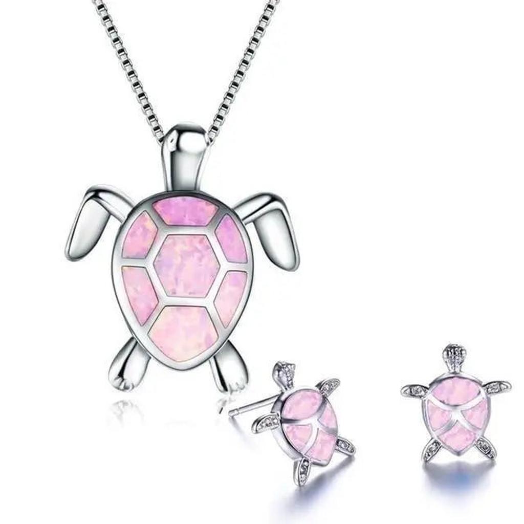 Set: Necklace and Earrings with Sea Turtle in Opal and White Gold