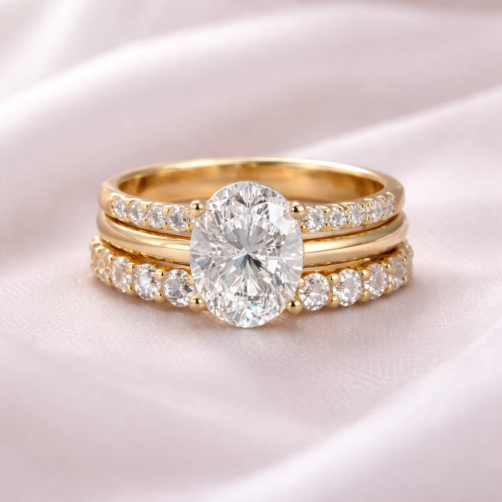 Set of Shiny Retro Rings with Zirconia