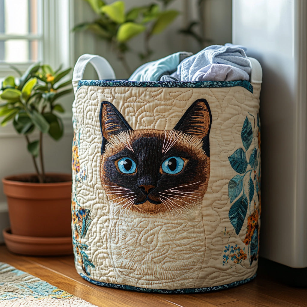 Quilted Laundry Basket with Siamese Cat