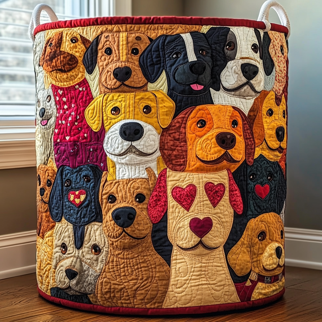 Quilted Laundry Basket with Happy Puppies