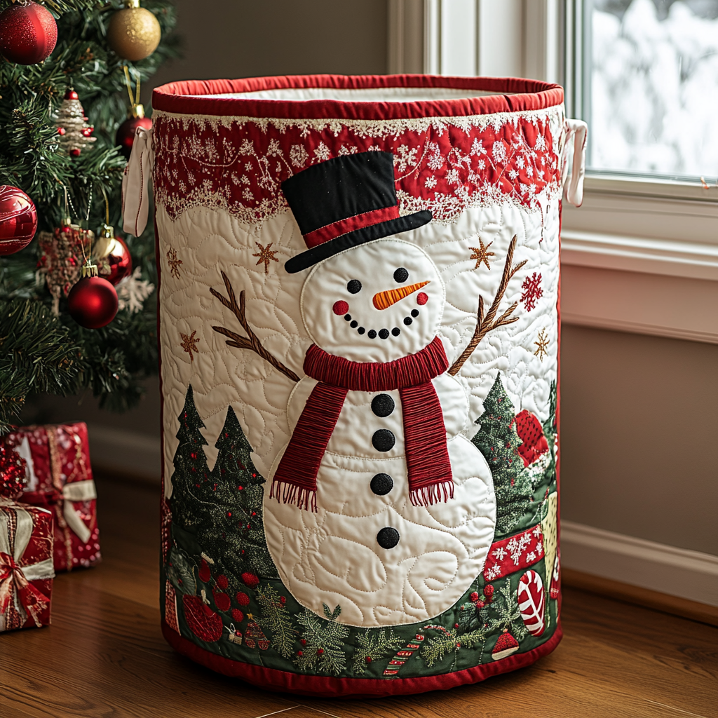 Quilted Laundry Basket with Snowman