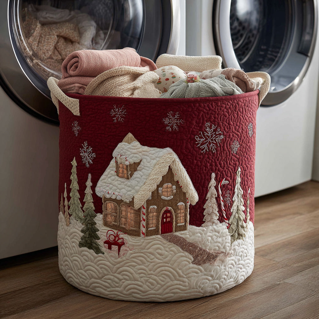 Quilted Laundry Basket with Snow-Covered House