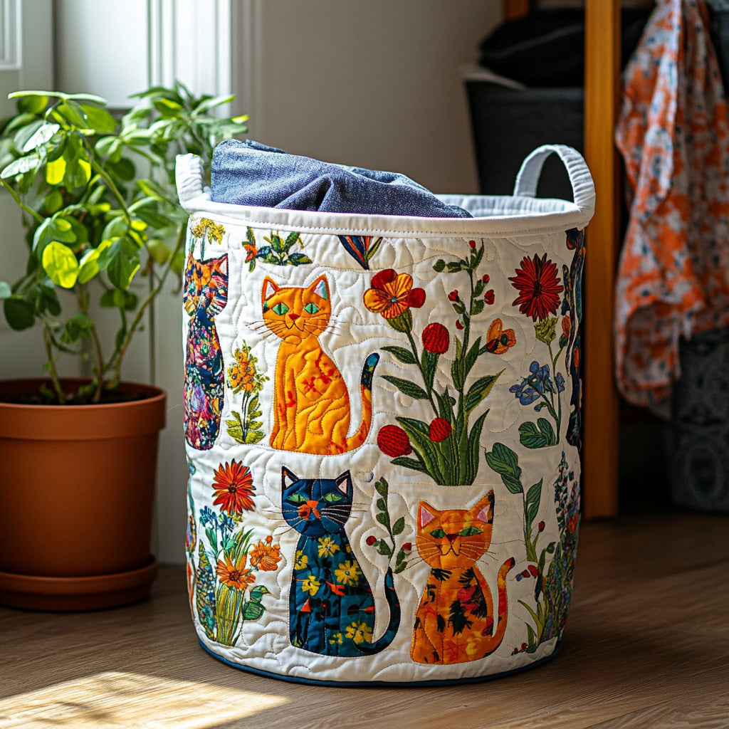 Quilted Laundry Basket with Cosy Cat