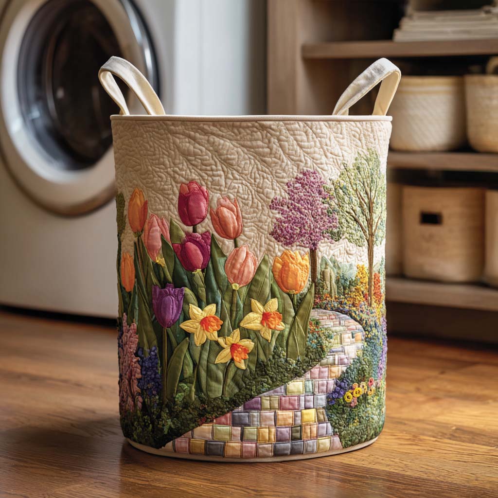 Quilted Laundry Basket with Floral Design