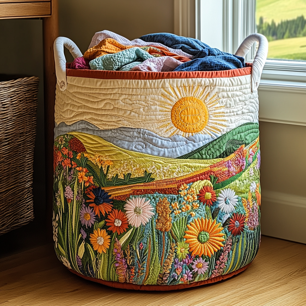 Quilted Laundry Basket with Floral Pattern