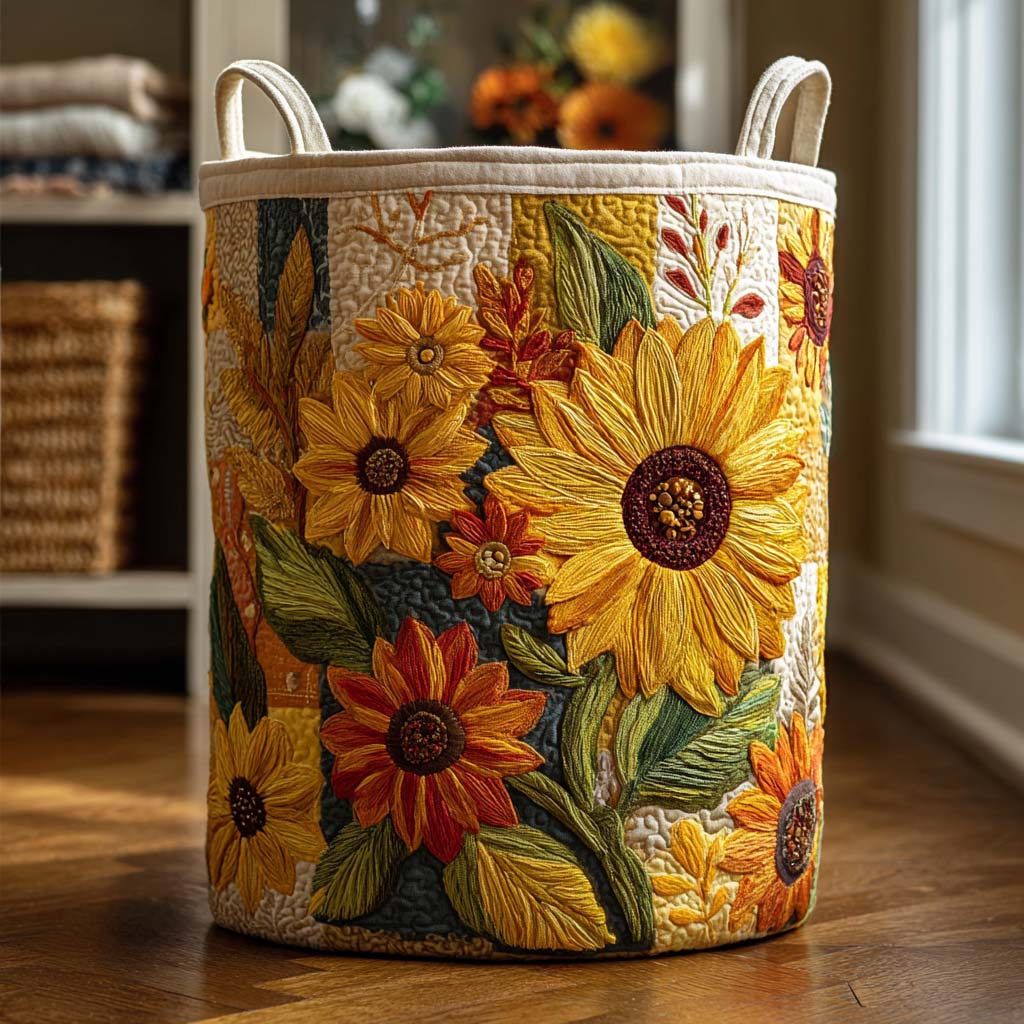 Quilted Laundry Basket with Sunflowers