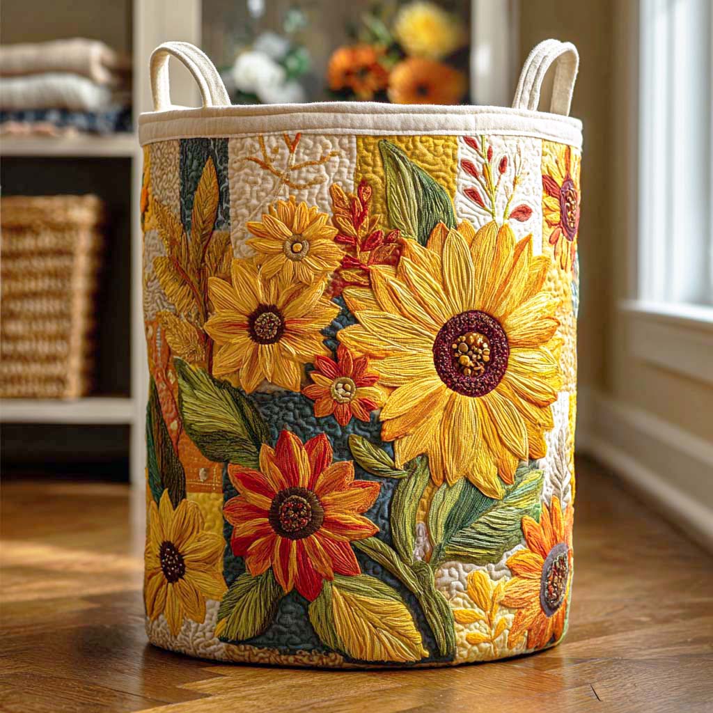 Quilted Laundry Basket with Sunflower