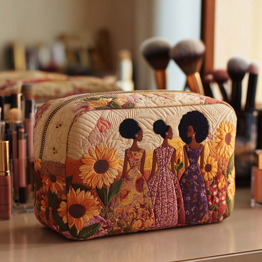 Quilted Makeup Bag with Glowing Sunflowers