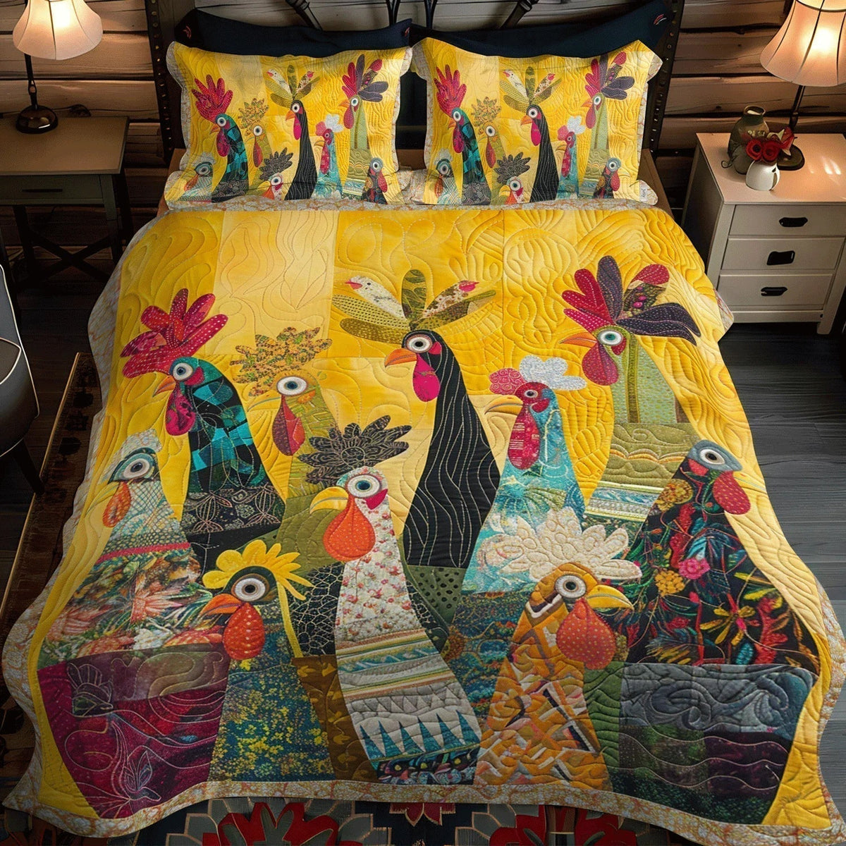 3-Piece Quilted Bedding Set – Roosters at Dawn