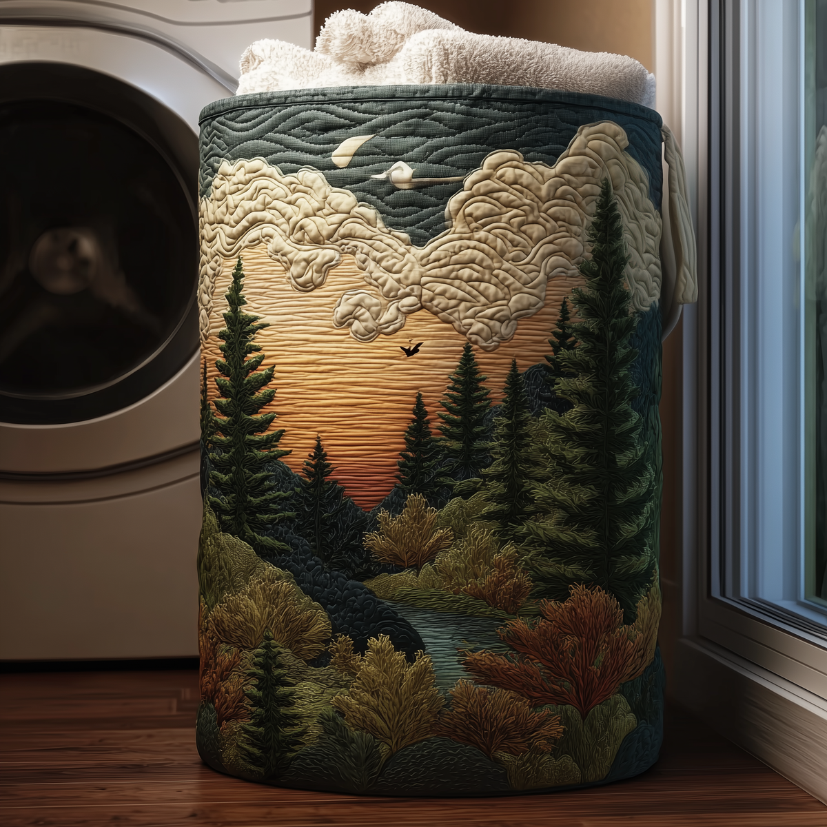 Quilted Laundry Basket with Nature Landscape