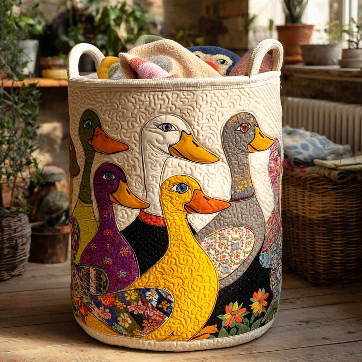 Quilted Laundry Basket with Cute Duck