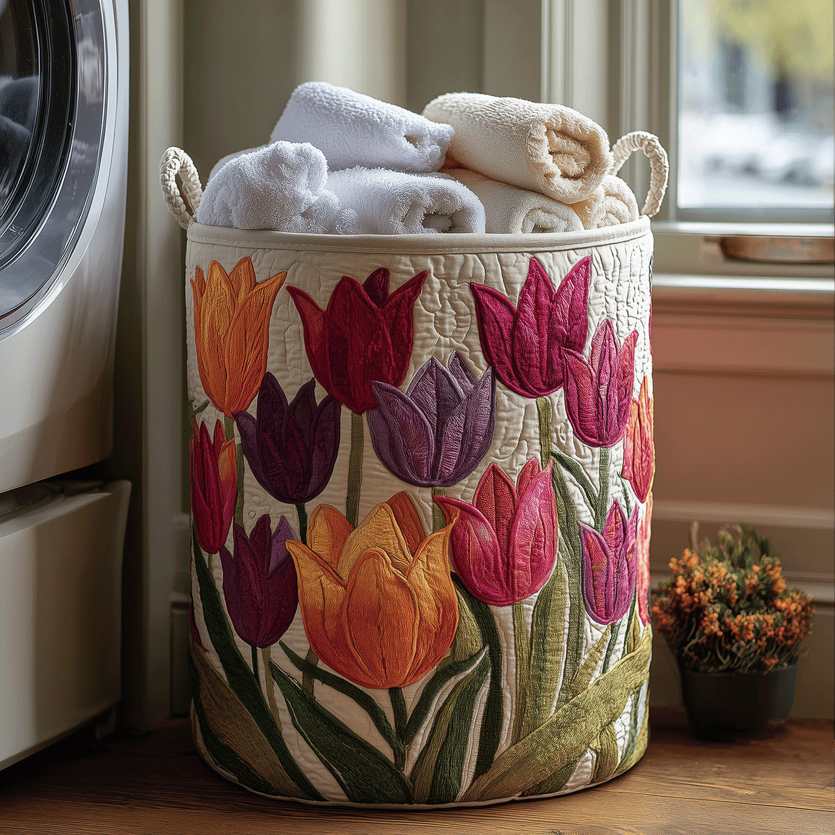 Quilted Laundry Basket with Tulips