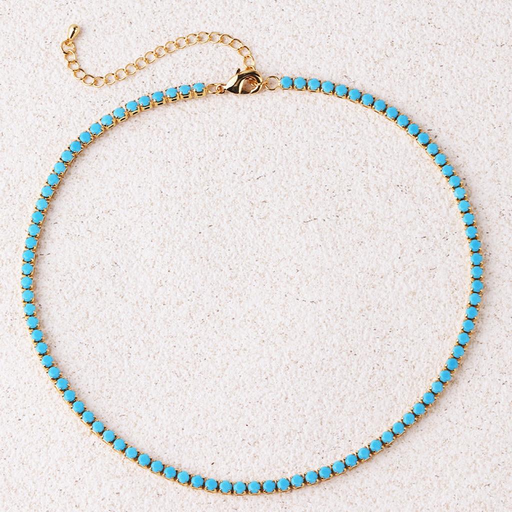 Round Tennis Necklace in Turquoise | Gold