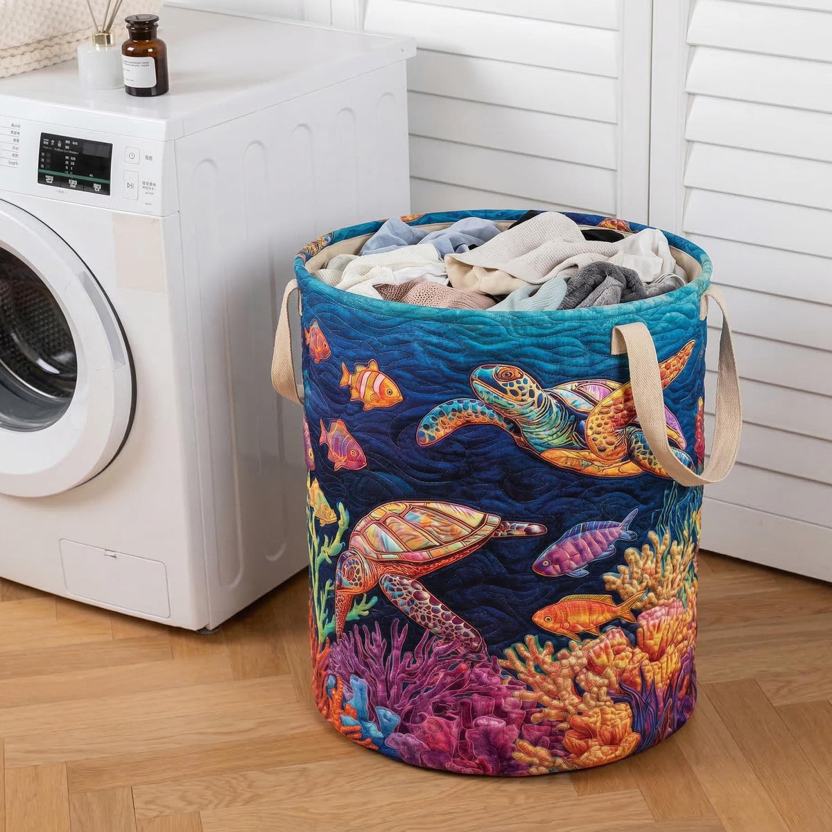 Quilted Laundry Basket with Sea Turtle