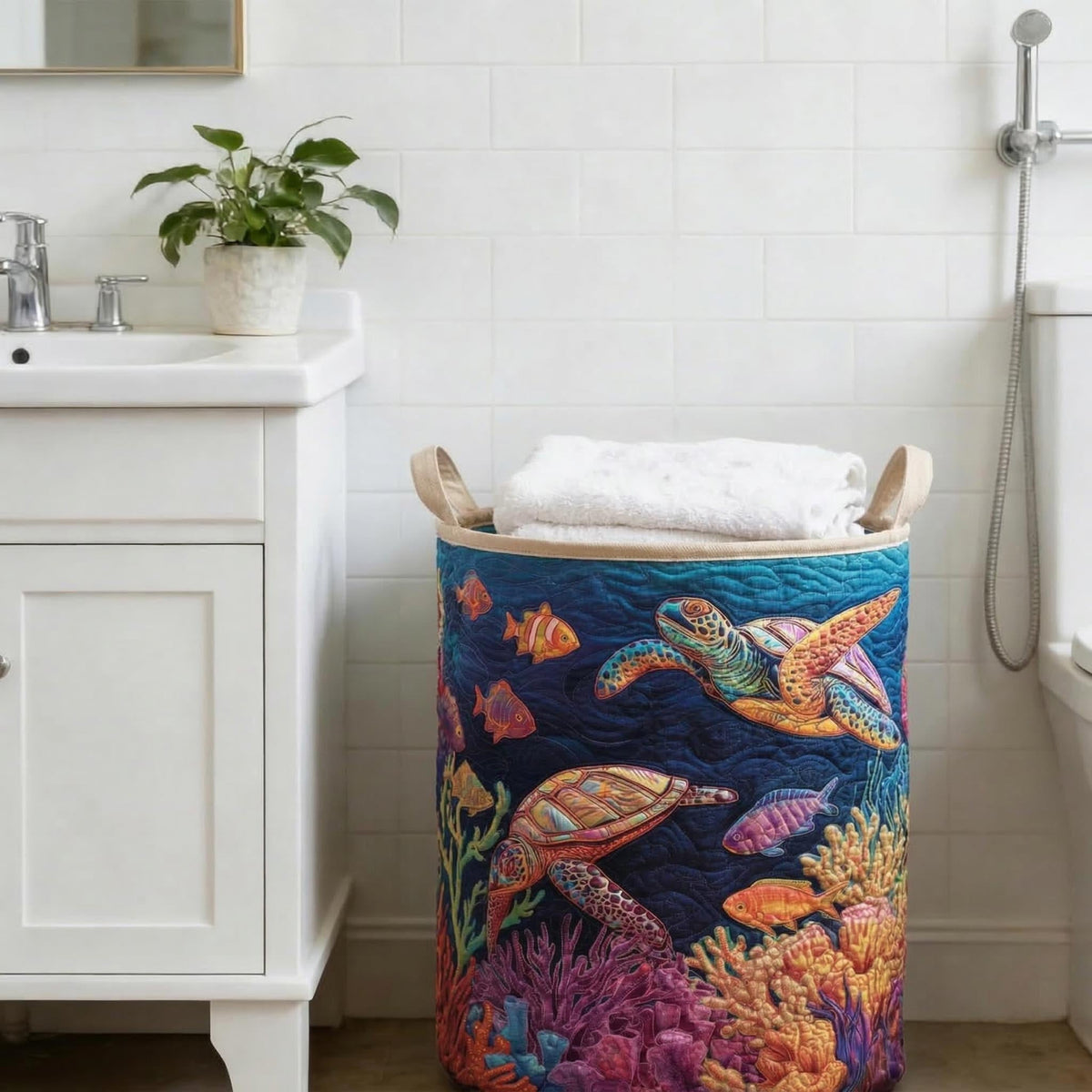 Quilted Laundry Basket with Sea Turtle